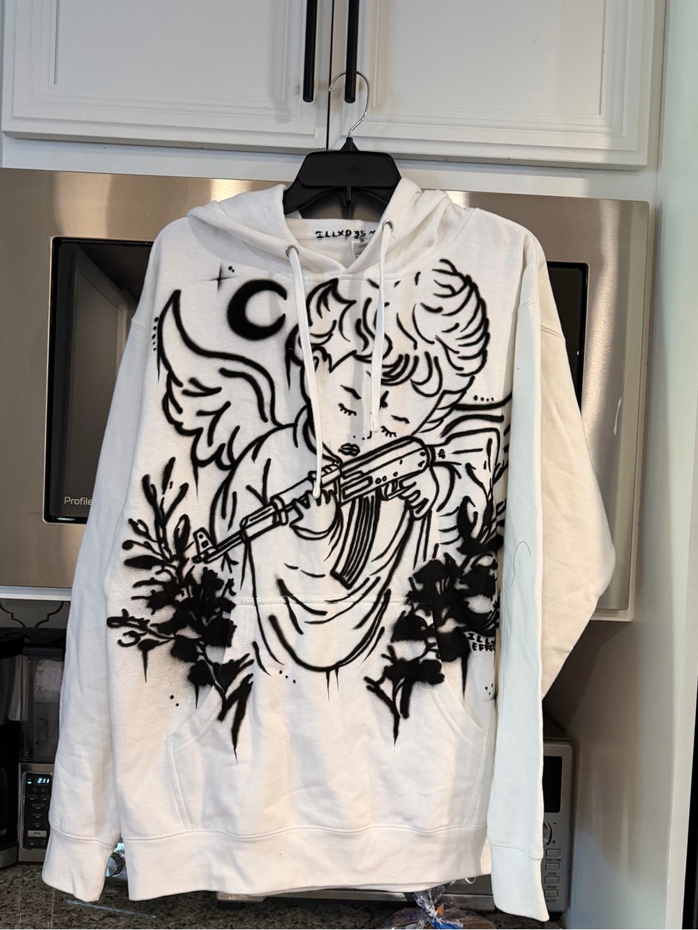 White Graphic Angel Hoodie with Black Stencil Art Custom lll Effex - Picture 1 of 4